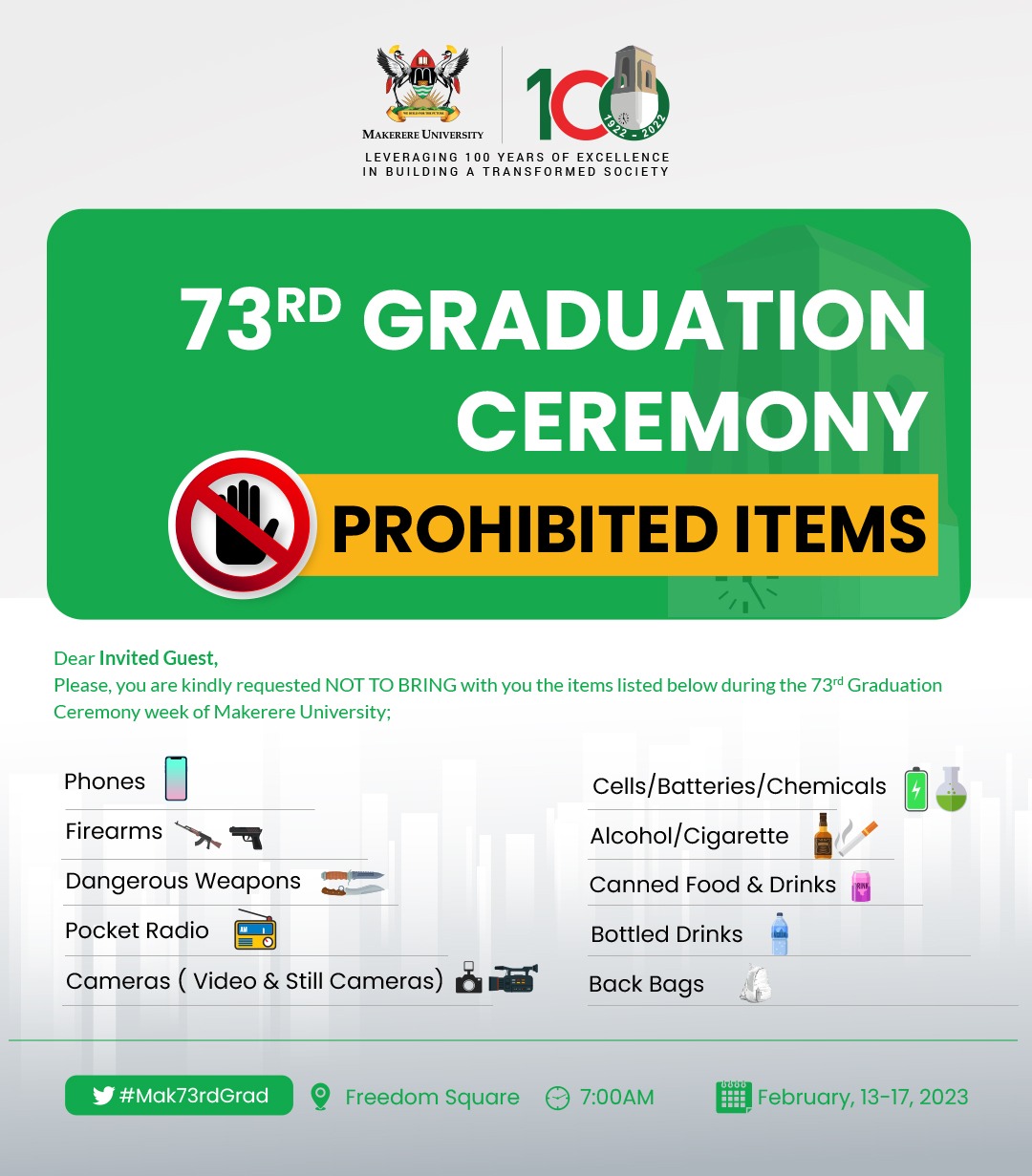 Makerere University, Uganda, items barred from graduation event