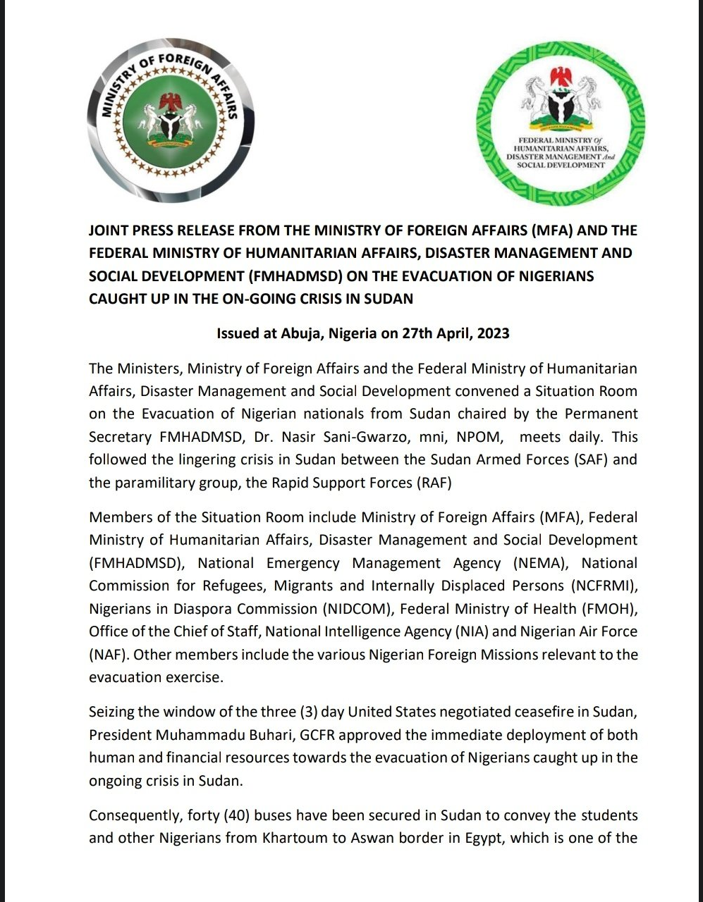 Statement from Ministry on Nigerian Students being evacuated from Sudan