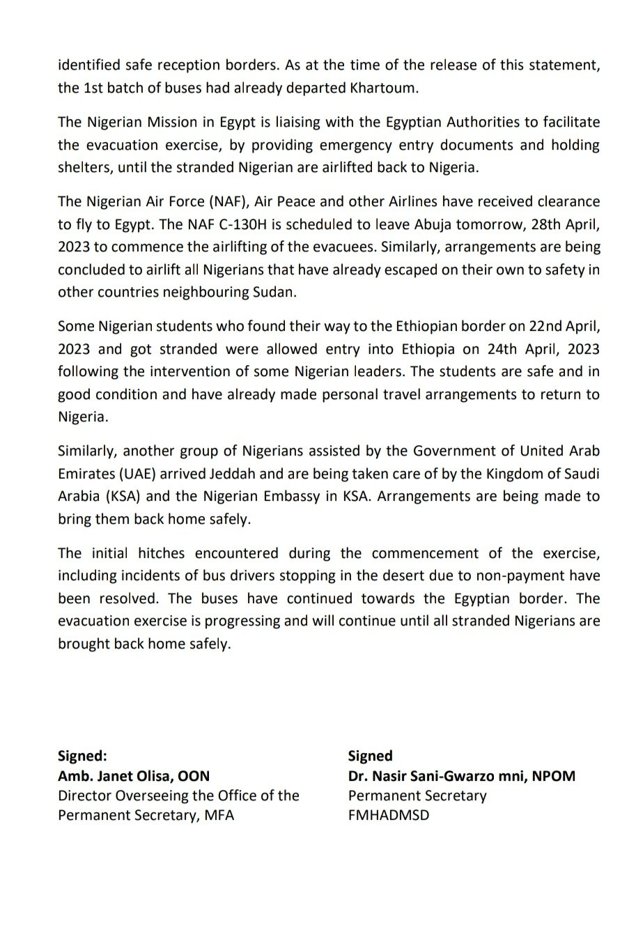 Statement from Ministry of Nigeria Students being evacuated from Sudan
