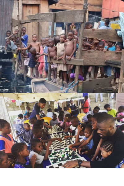 Photo of children receiving education in a slum and children playing chess in a slum