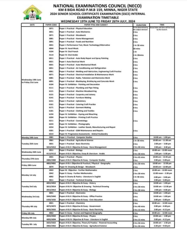 NECO releases 2024 internal exam timetable — Edugist